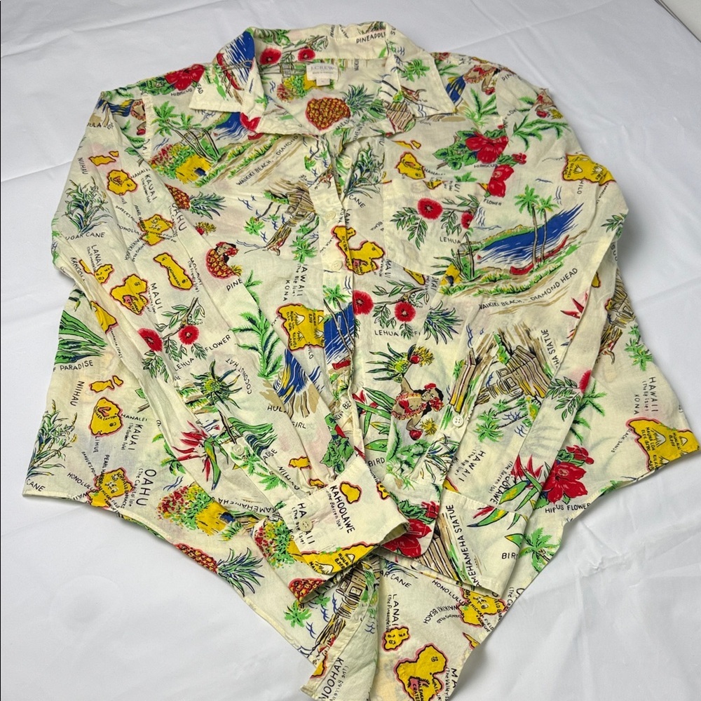 J. Crew Cream Hawaiian Map Print Button-Down Shirt with Red & Yellow Accents